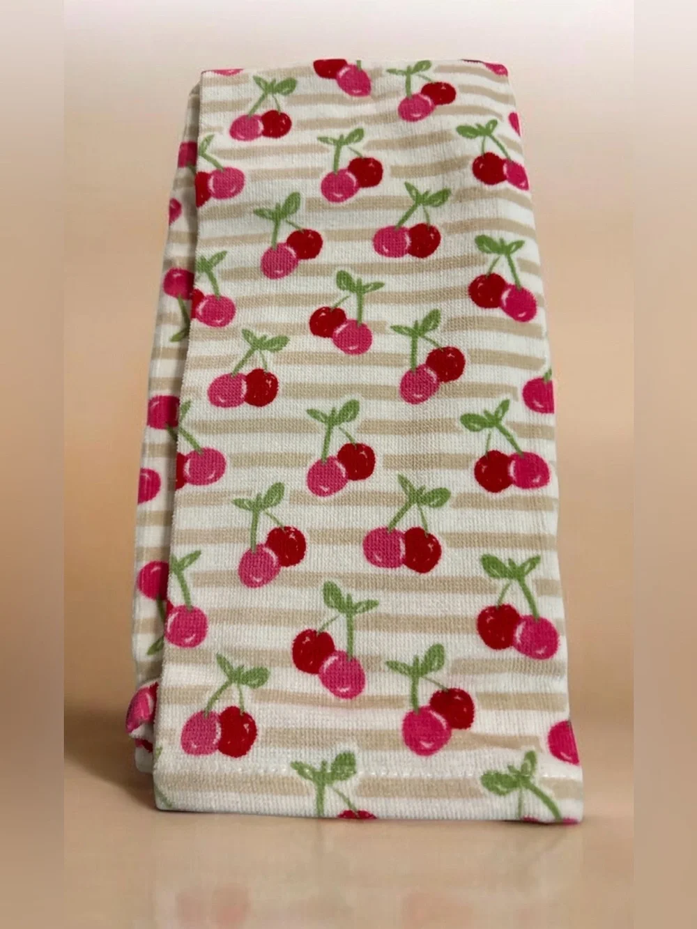 Cherry Print Stripe Hand Towel- Pink & Red Cherries